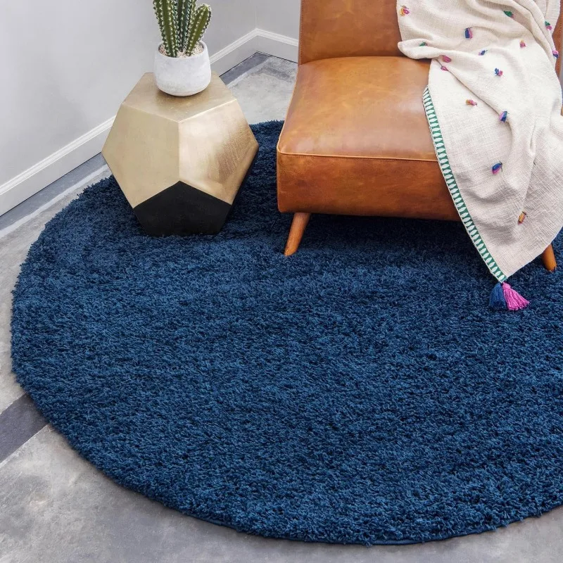 

Solid Shag Collection Area Rug (5' 1" Round, Sapphire Blue/ Navy Blue)