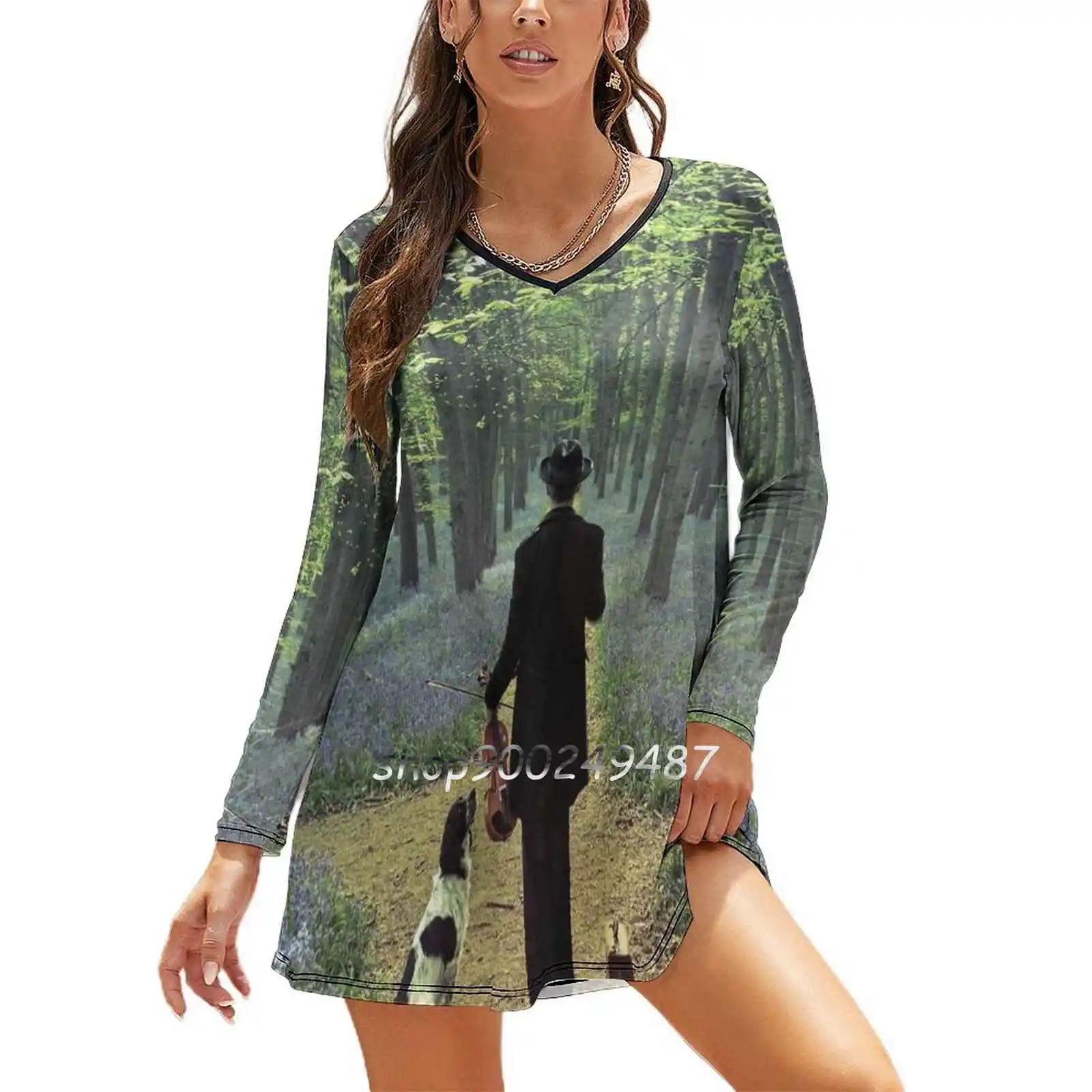 Second Fiddle Long Sleeve Sexy Dresses For Women 2022 Ladies Vintage Elegant Party Dress Bluebells Forest Woods Morning Dog