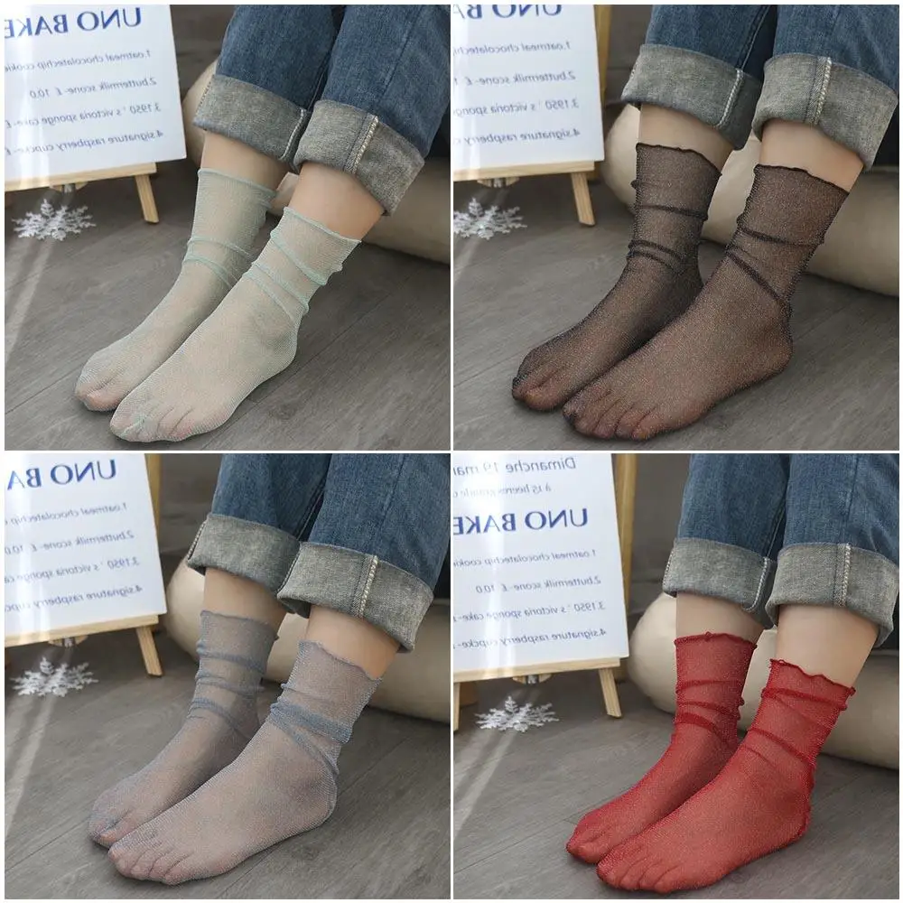 Comfortable Summer Fashion Elastic Gauze Transparent Korean Style Socks Women Thin Socks Shiny Glitter Silk Hosiery