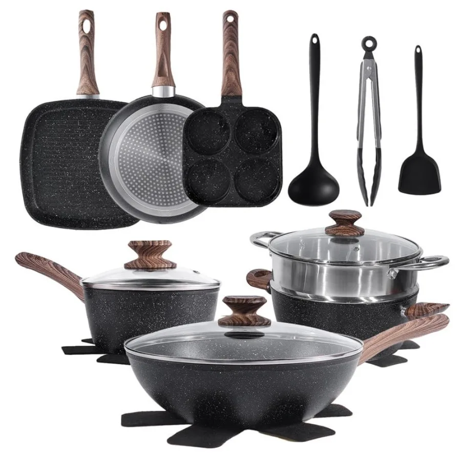 

17 Pcs Nonstick Pots and Pans, Non-toxic Kitchen Cooking Set with Stay-Cool Handles, Black