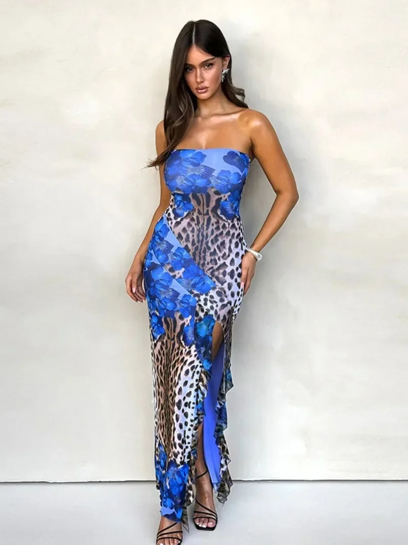 Vestidos florales azules sin tirantes para mujer, ropa Sexy con estampado de leopardo, abertura alta, volantes, sin mangas, Vestido largo de fiesta de noche