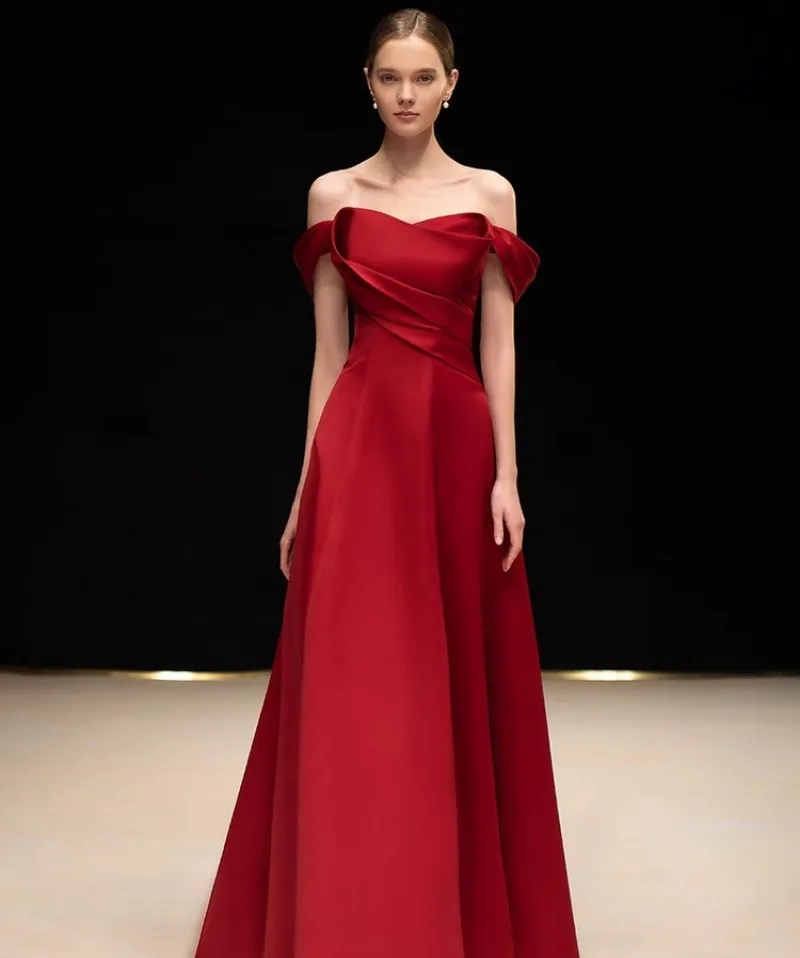 

Flora Dress Elegant Off Shoulder Wine Red Satin Evening Gown A-line Sweetheart Pleated Blackless Prom Dresses For Women 2023