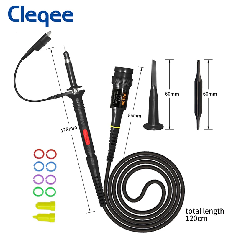 Cleqee P2100 Oscilloscope Probes + P1007B Test Hooks Leads Mini Grabber to BNC Coaxial Cables Set Insulated Probe For DIY Cable