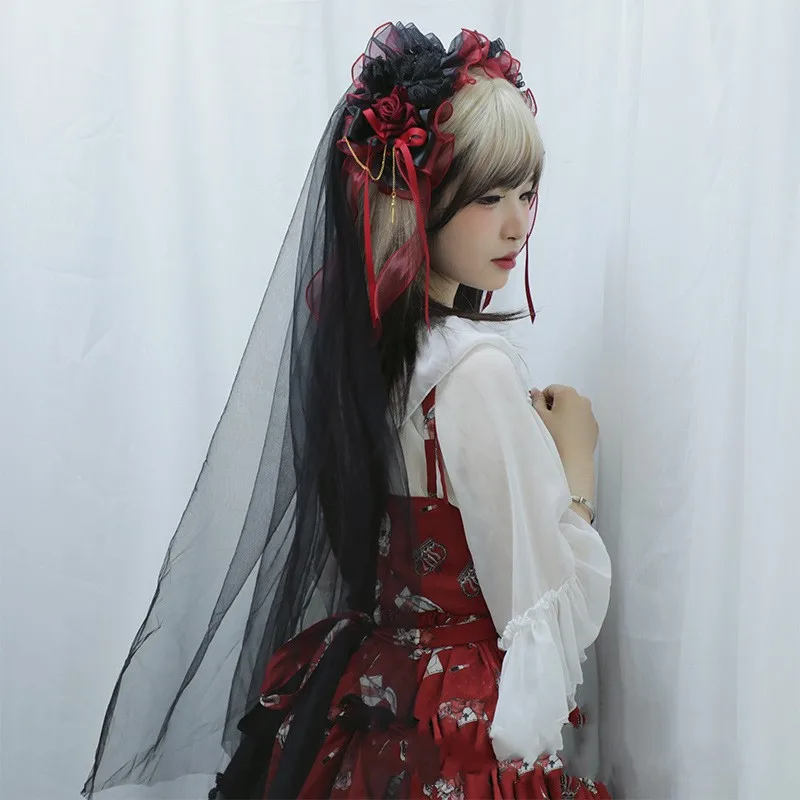 

Accessories Black Handmade Vintage Festival Boho Goth Veil Hairs Gothic Lolita Deep Red Rose Flower Hair Headband