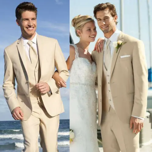 Handsome Beige Custom Made White Groom Tuxedo Peaked Lapel Double Breasted Men Suit Prom Wedding Mens Suits Jacket Pants