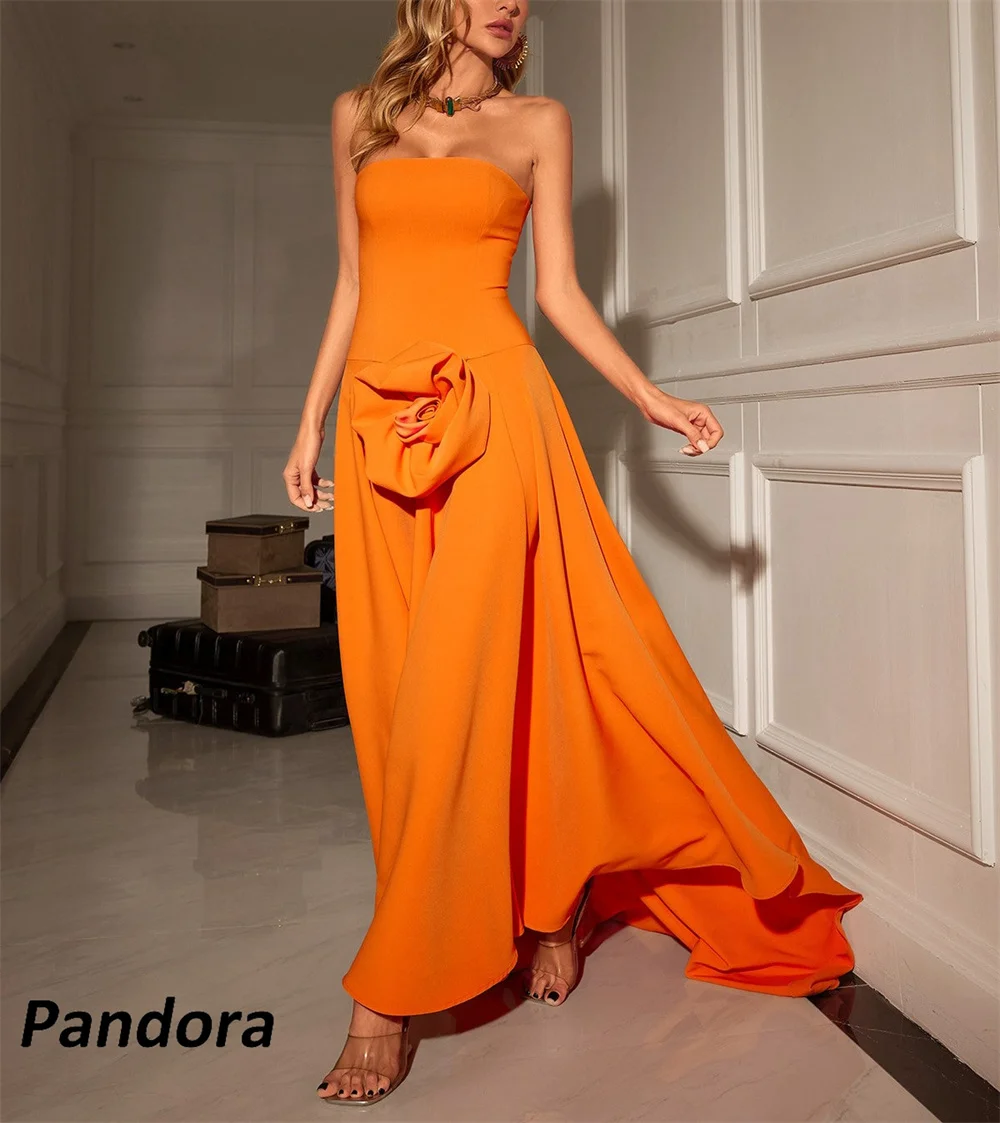 Robe de soirée sans bretelles Pandora pour femme, fleurs 3D, ligne A, banquet de mariage orange, robe de soirée