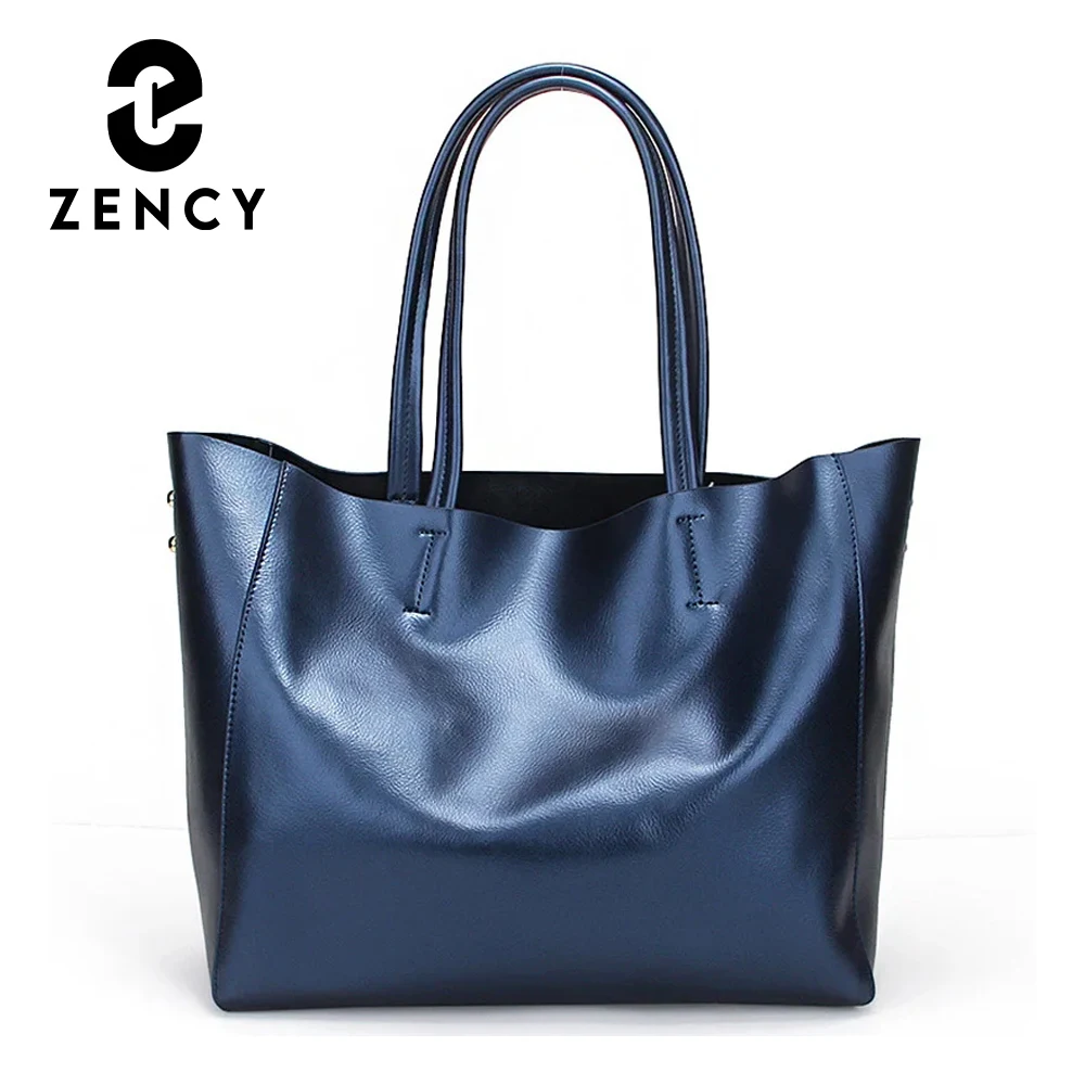 Zency Luxury Gold Women Shoulder Bag 100% Genuine Leather Large Capacity Handbag Elegant Ladies Messenger Crossbody Fashion Blue