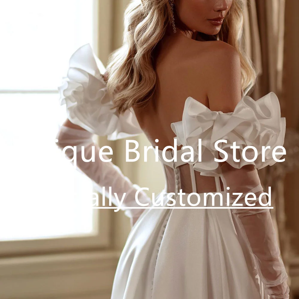 A-Line Satin Wedding Gown Draped Off The Shoulder High Split Elegant Vestido De Noiva Backless Button Court Train Bridal Dress