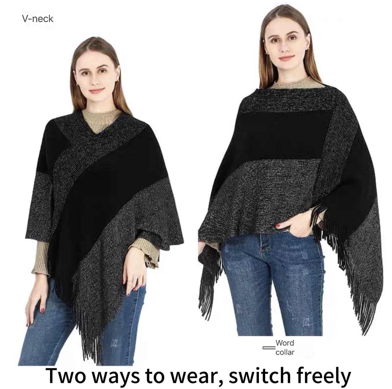 

Autumn Winter New Women Color Contrast Cloak Shawl Sweater Coat Fashion Street Tourism Poncho Lady Capes Pink Cloaks