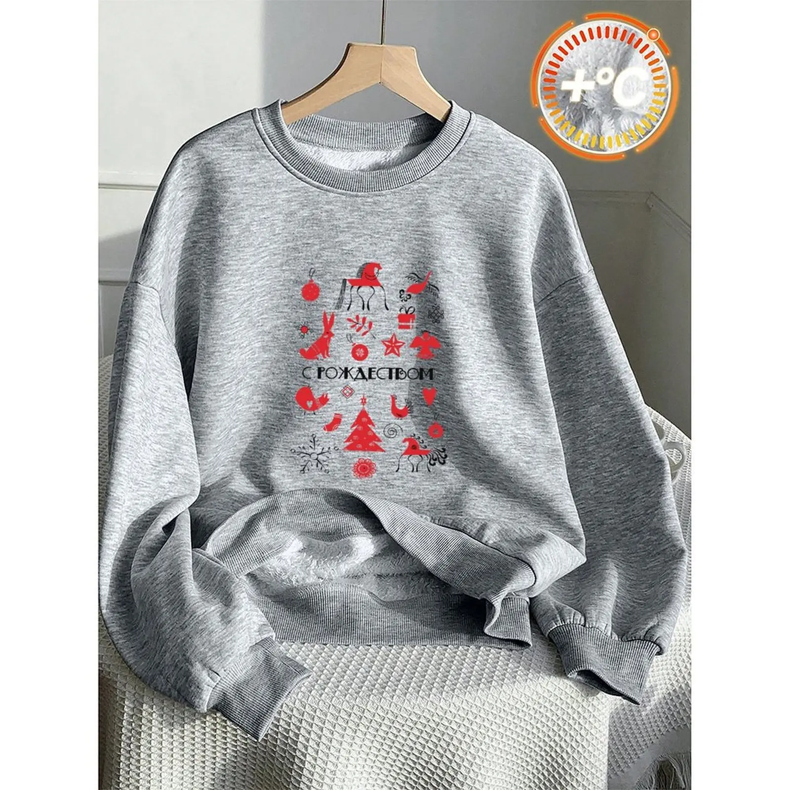 

Round Neck Women Sweatshirt Velvet Winter Casual Novy God Russian New Year Printed Pattern Woman Clothes Casual T-Shirts Tops