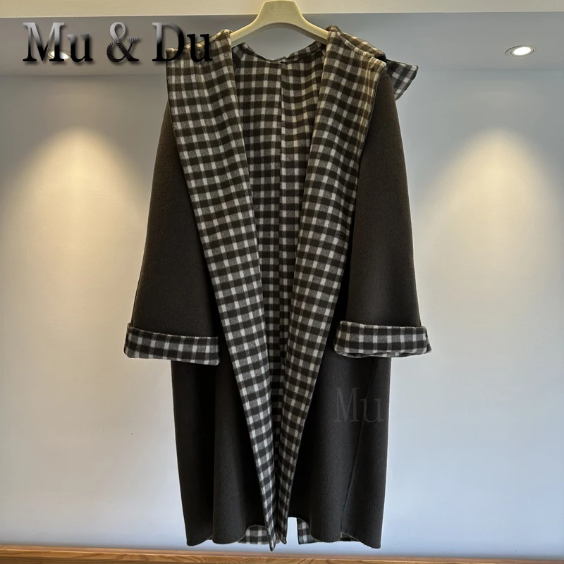 Mu&Du Spliced Plaid Hooded 72% Wool Coat For Women Long Sleeve Loose New Overcoat Fashion Tide Autumn Winter Oversize Outerwear