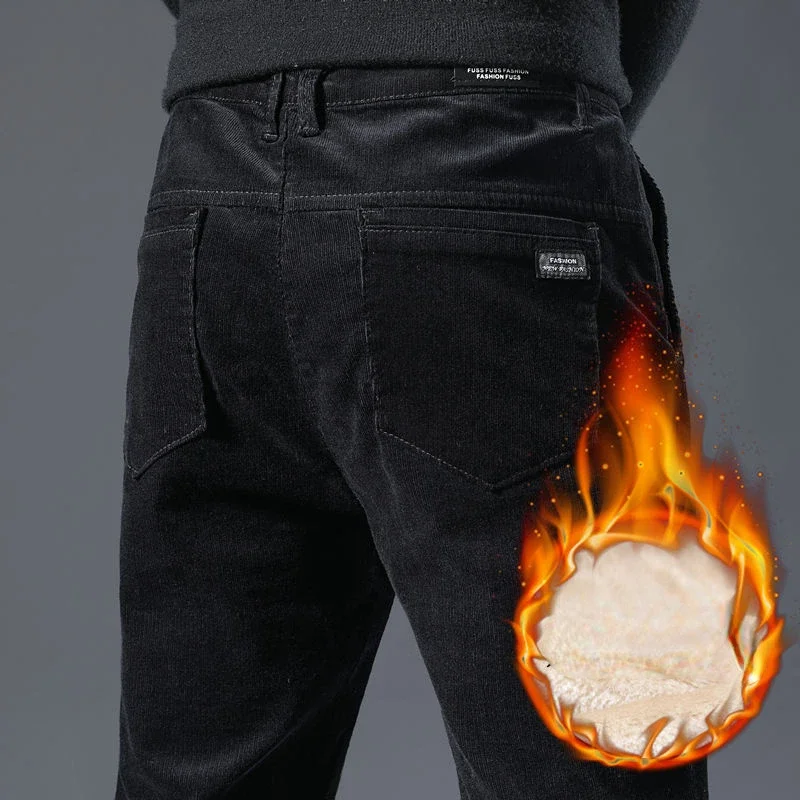 Men Black Pants Fleece Casual Trouser Man Adult Clothing Stretch Straight Loose Office Thickened Warm Solid Autumn Winter New
