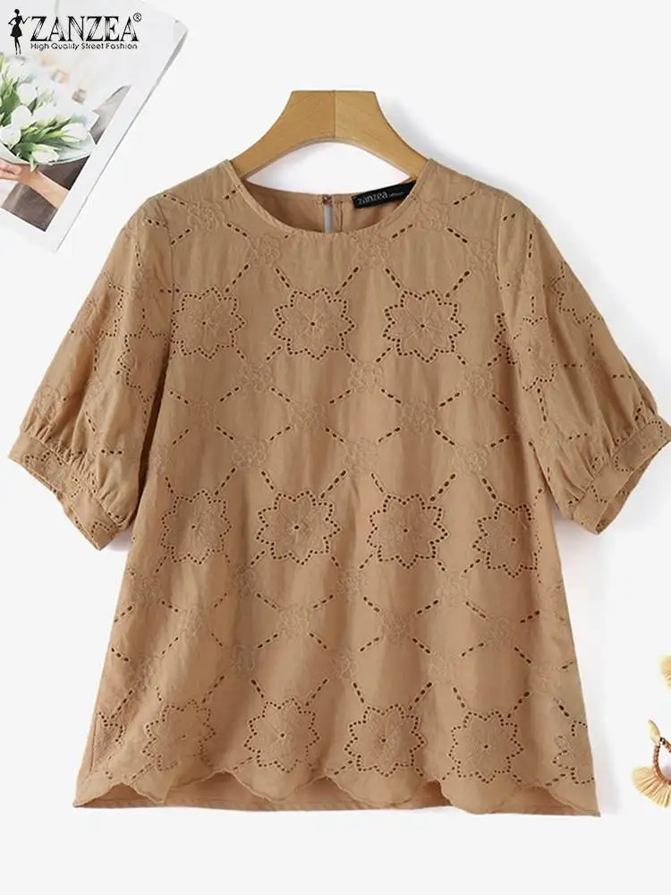 ZANZEA Hollow Out Lace O Neck Blosue Summer Casual Loose Elegant Solid Color Blusas Holiday Short Puff Sleeve Commute Women Tops