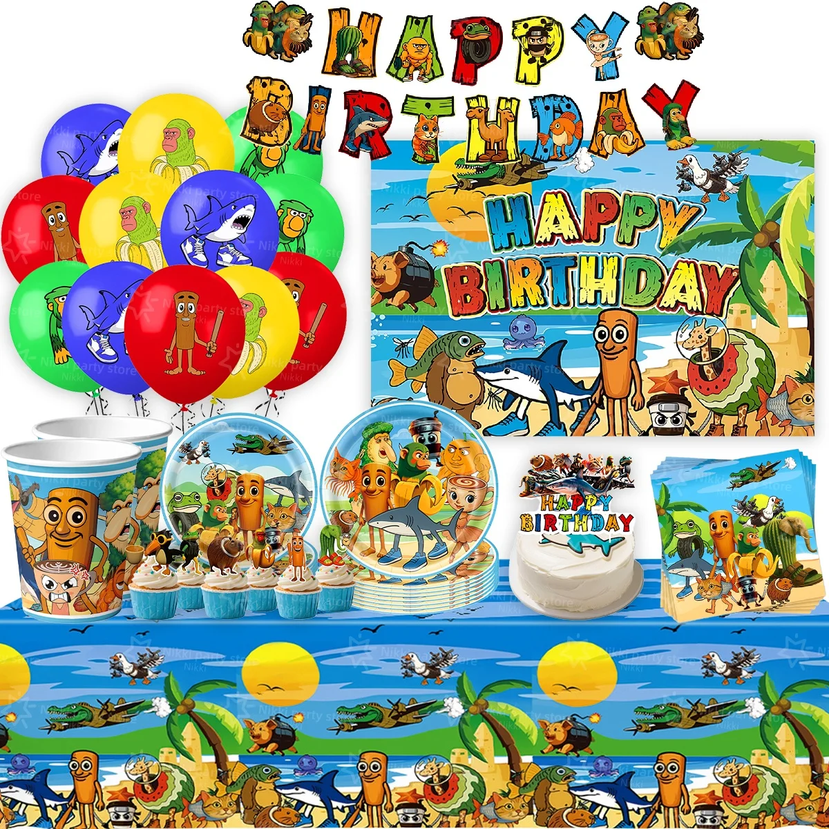 

120pcs Italian brainrot birthday decorations tun tung tung sahur toy stickers balloons photo backdrop Tableware party supplies