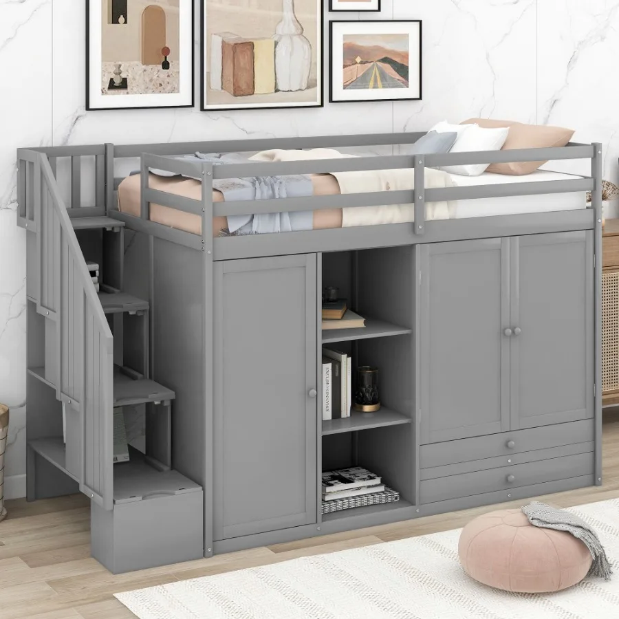 

Functional Loft Bed with 3 Shelves 2 Wardrobes and 2 Drawers Ladder with Storage No Box Spring Needed Gray