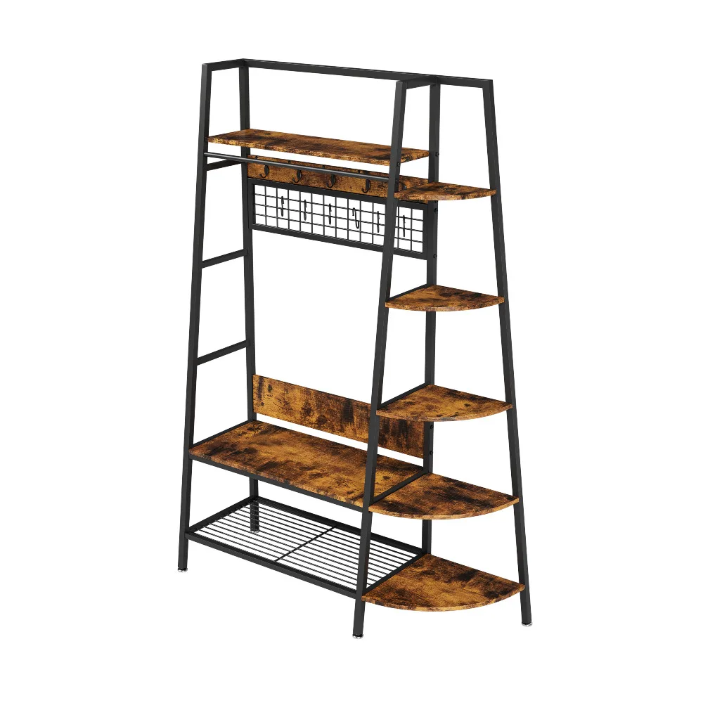 Industrieller Garderobenständer mit 3-stufigem Regal, robustem Metallrahmen und rustikalen braunen Holzoptik-Regalen, freistehend, rutschfeste Fußpolster, für Eingangsbereich/Schlafzimmer/Home-Office