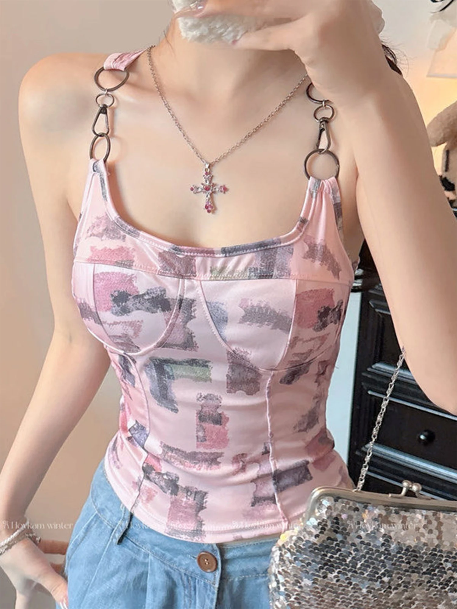 Women's Pink Print Camisole Y2K Gyaru Tank Top American Vintage Sexy Off Shoulder Sleeveless Slim Cropped Top for Women Summer