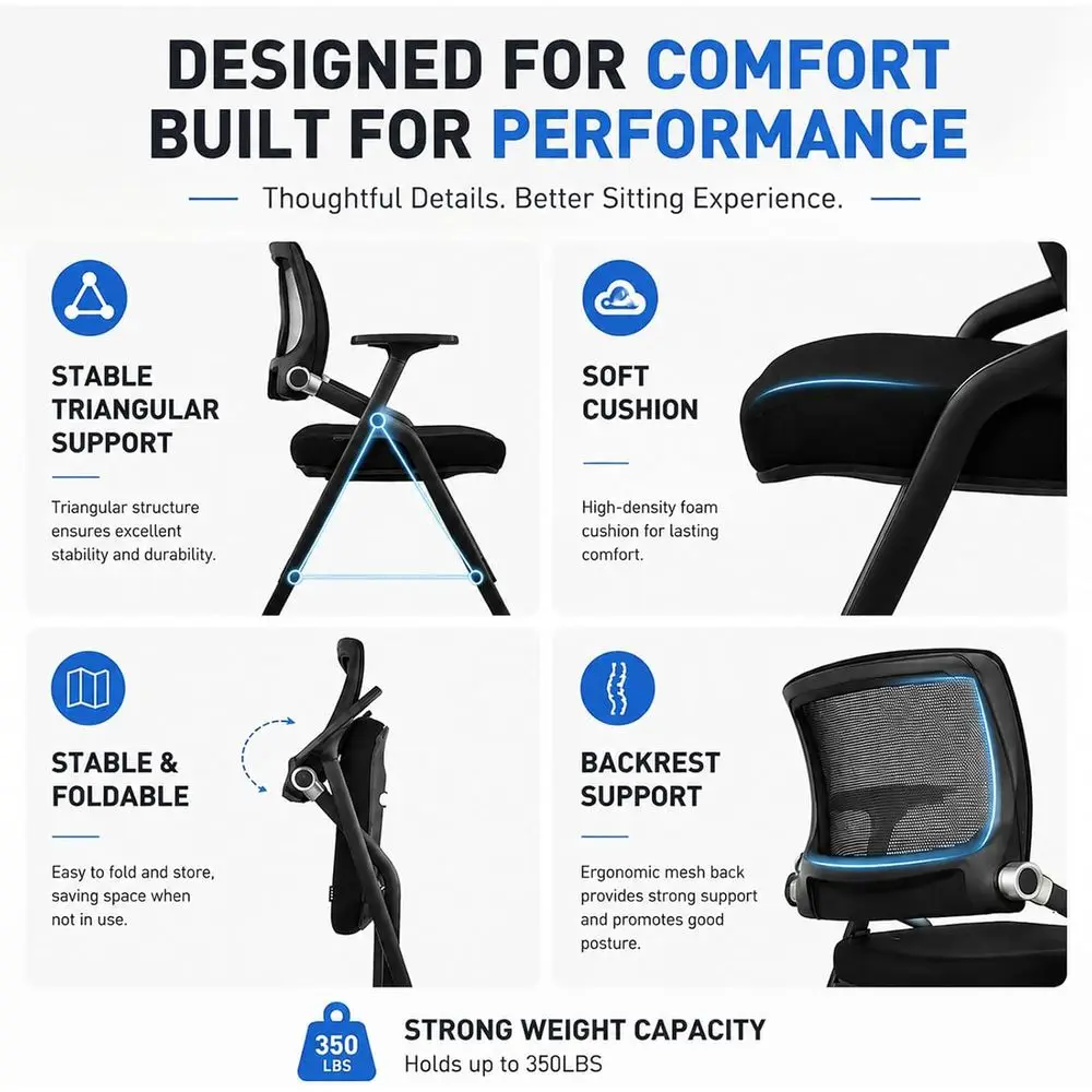 Dual-Wheeled Conference Chairs with Lumbar Support, Smooth Armrests, Stackable for Office, School, or Church Use, Including Writ view 3