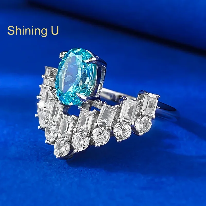 Shining U S925 Silver High Carbon Diamond Gems Oval Aquamarine 6*8mm Ring for Women Fine Jewelry Gift