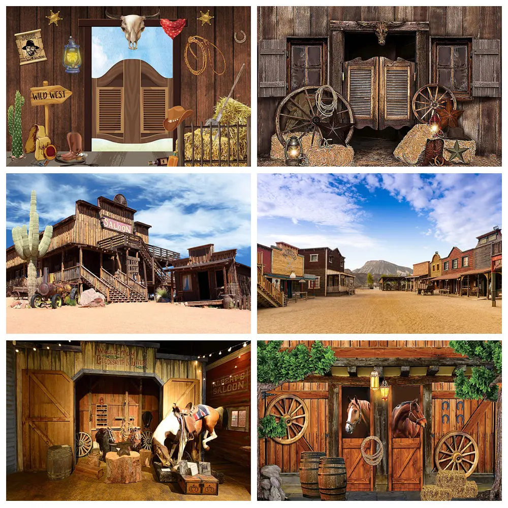 

Cowboy Birthday Decoration Backdrop Photography Custom Boys Town Street Wooden House Zenon Farm Party Photocall Booth Background