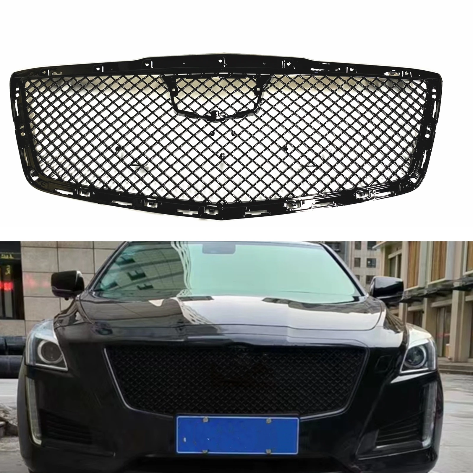 Grill Front Grille For Cadillac CTS Sedan 4 Door 2014 2015 2016 2017 2018 2019 Gloss Black Car Upper Bumper Hood Mesh Grid Kit