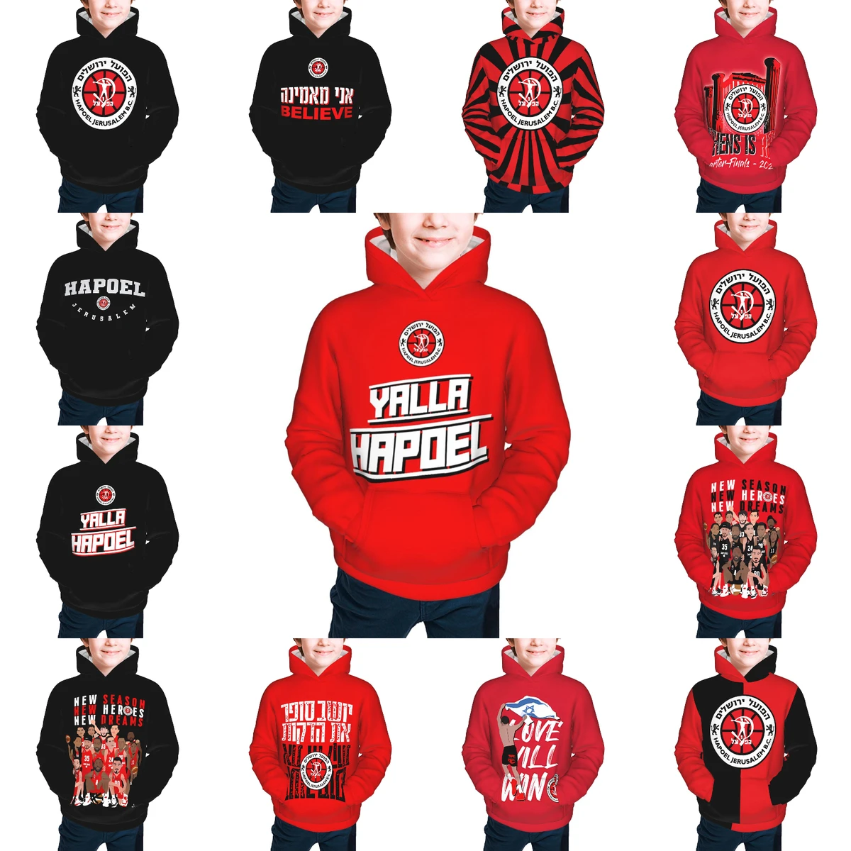 Hapoel Jerusalem Basketball Children's Pullover Hoodie Youth Sweatshirt Kids Casual Hooded Hoodies Youth Sportswear Tracksuit