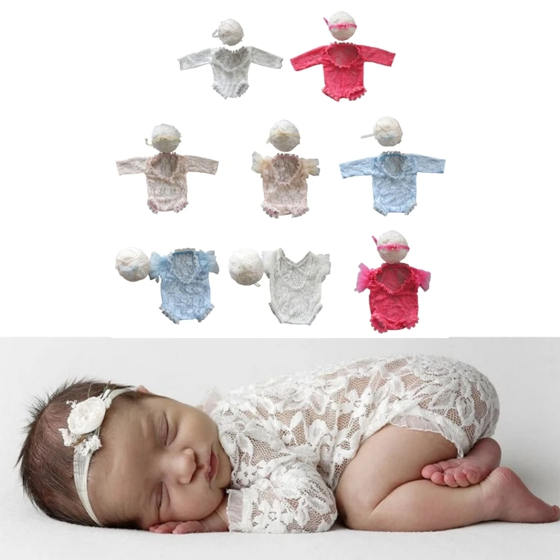 Newborn Photo Outfit Baby Lace Rompers Headband Infant Photo Clothing