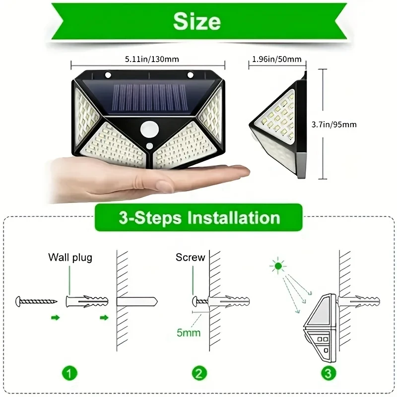 Applique Murale Solaire Étanche à 100 LED avec Détecteur de Mouvement, Éclairage d'Extérieur, Idéal pour un Jardin ou une Rue