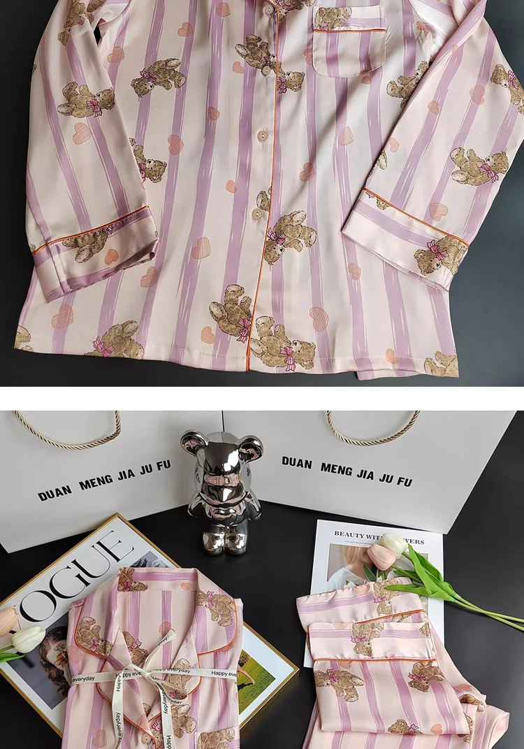 Herbst und Winter Damen Pyjamas Cartoon Rosa Gestreift Bär Pyjamas Strickjacken Lange Ärmel Hosen Loungewear Zweiteiliges Set – Detail 3