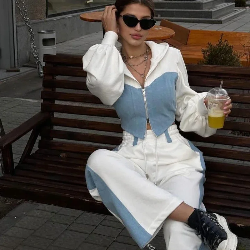 

European and American Style Fashion Casual Sweater Set Denim Splicing Hooded Top Trousers Comfortable Beautifulwomen's Clothing