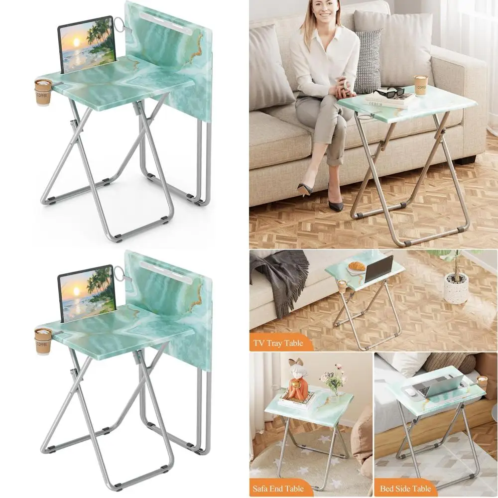 

Portable Folding TV Tray Set, 2 Pack, Sea Blue Marble, 15x18.9x25.6 inches, with Phone/Tablet Slot