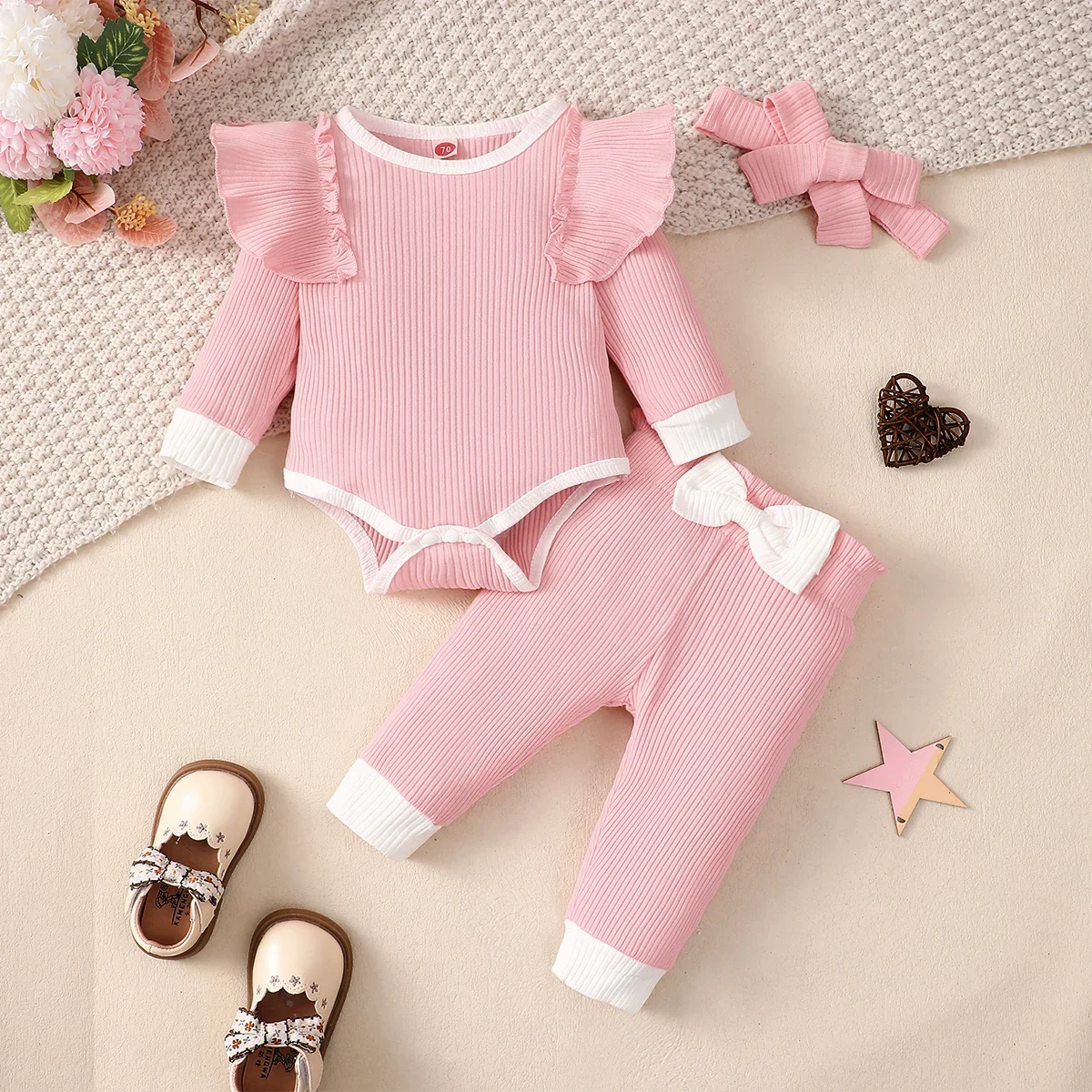 Toddler Baby Girls Clothes Set Spring Autumn Solid Long Sleeve Knitted Top+Trousers Headband Children Infant Casual Outfits