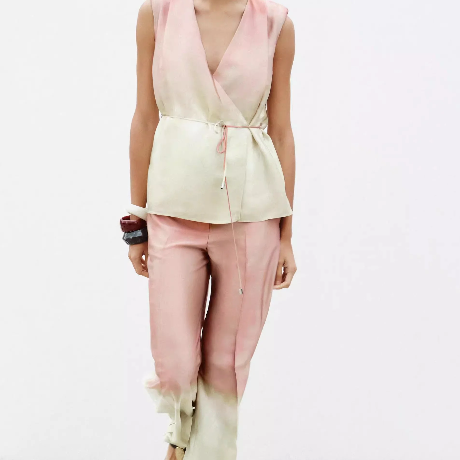 Zomer 2025, losse pasvorm, V-Ne Svel tie-dye print top, hoge taille, wijde pijpen, dames, casual katoen, polyester mix, irt