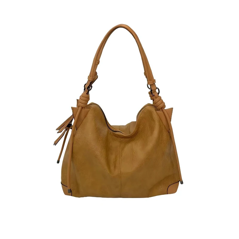 

Y2K Vintage Street Style Large Capacity Tote Bag Woven Fringe Shoulder Handbag Casual Shopping Bag Soft PU Leather Hobo Purse