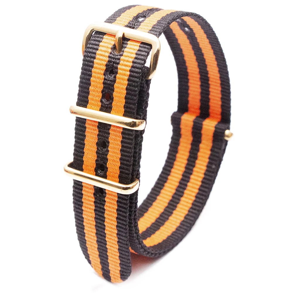 Waterproof, sweat resistant, and breathable nylon strap with gold buckle integrated replacement strap.