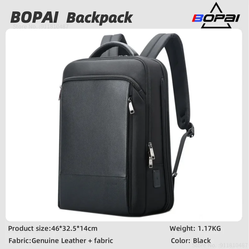 BOPAI Genuine Leather Men's Business Backpack Natural Cowhide Multifunctional USB Backpack Trip Large Capacity Computer Backpack