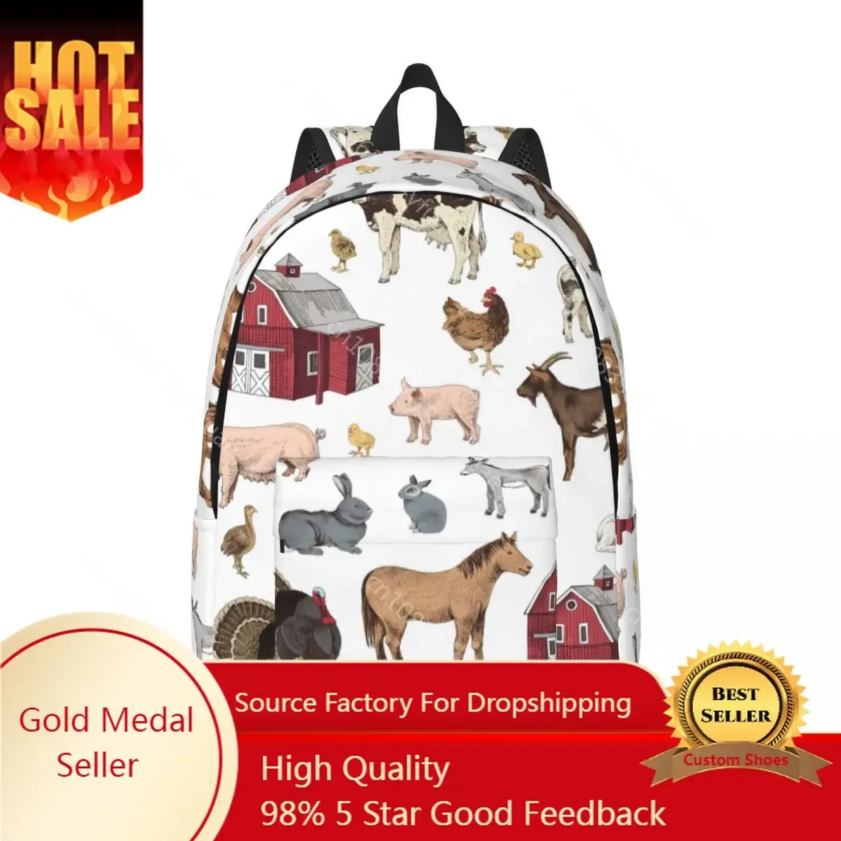 

Farm Animals Backpack Farmhouse Village Pet Goose Pig Fun Backpacks Unisex College Breathable High School Bags Design Rucksack