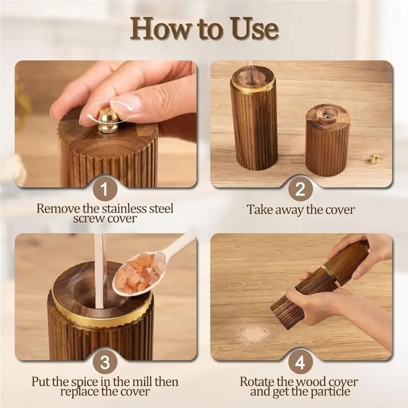 A02M-2 Pack Wooden Salt And Pepper Grinder Set - Refillable Manual Salt And Pepper Mills With Adjustable Core