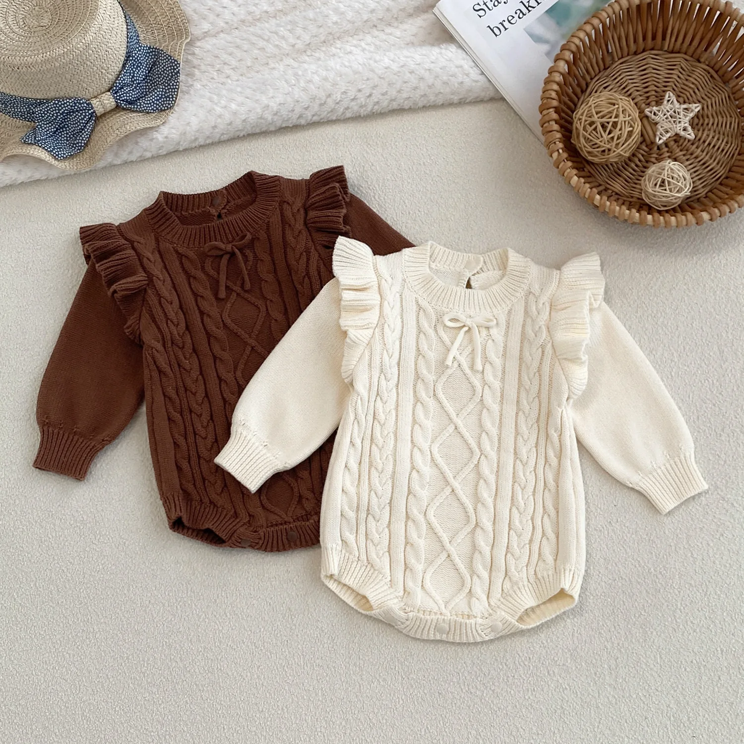 0-24M 100% Cotton Winter Baby Girl Knit Romper Warm Newborn Sweater Clothes Long Sleeve Thick Bodysuit Cute Knitwear Outfit