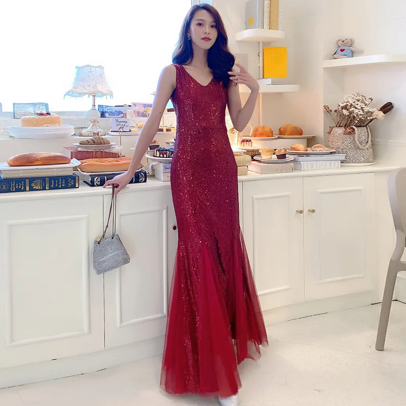 

Maxi Dresses for Women V Neck Mermaid Dress Long Formal Party Gown Sequnin Sleeveless Robe 2022 Summer Sexy Evening Vestido De