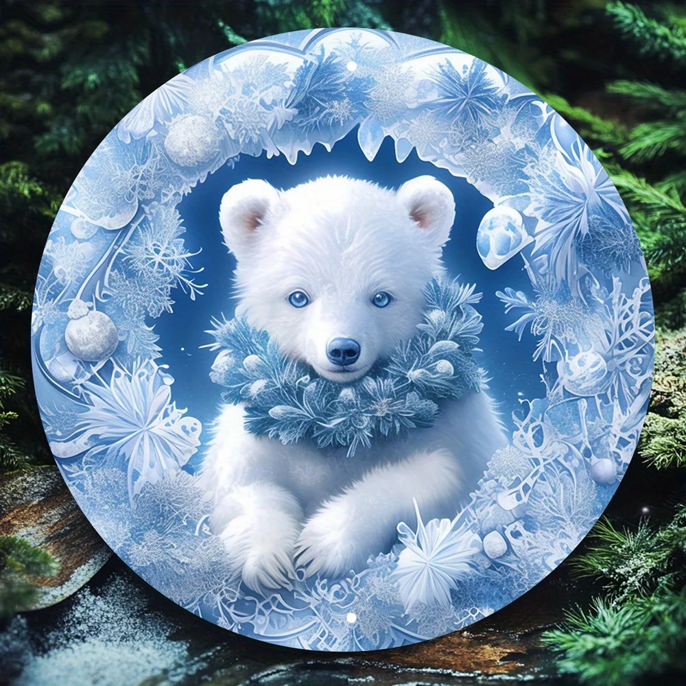 2D Flat, 1pc Round Metal Iron Polar Bear Snow Wreath Wall Decor - 20.32x20.32 cm Winter-Themed Sign with Blue Floral Accents Sui