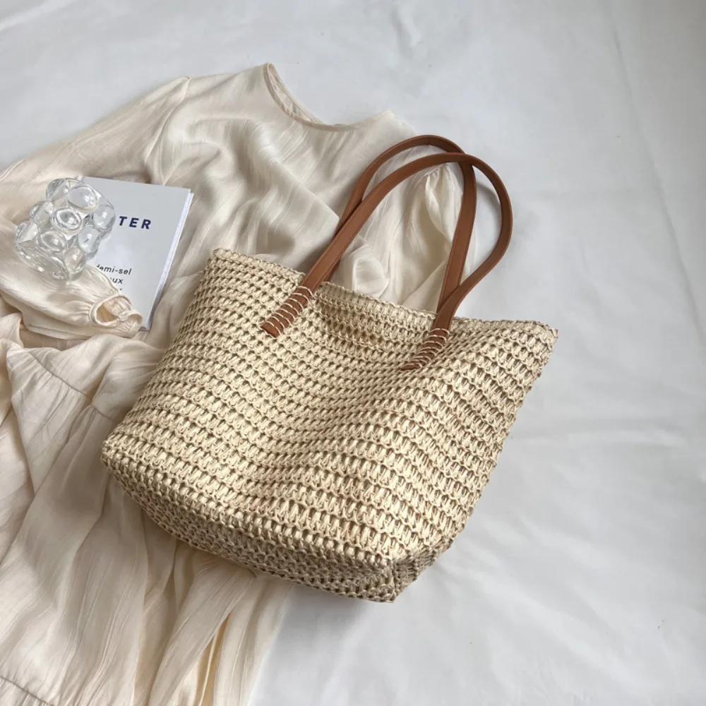 

Solid Color Weave Straw Bag Beach Handbag Bohemian Style Zipper Beach Bag Lazy Style Large Capacity Hollow Tote Bag Streetwear