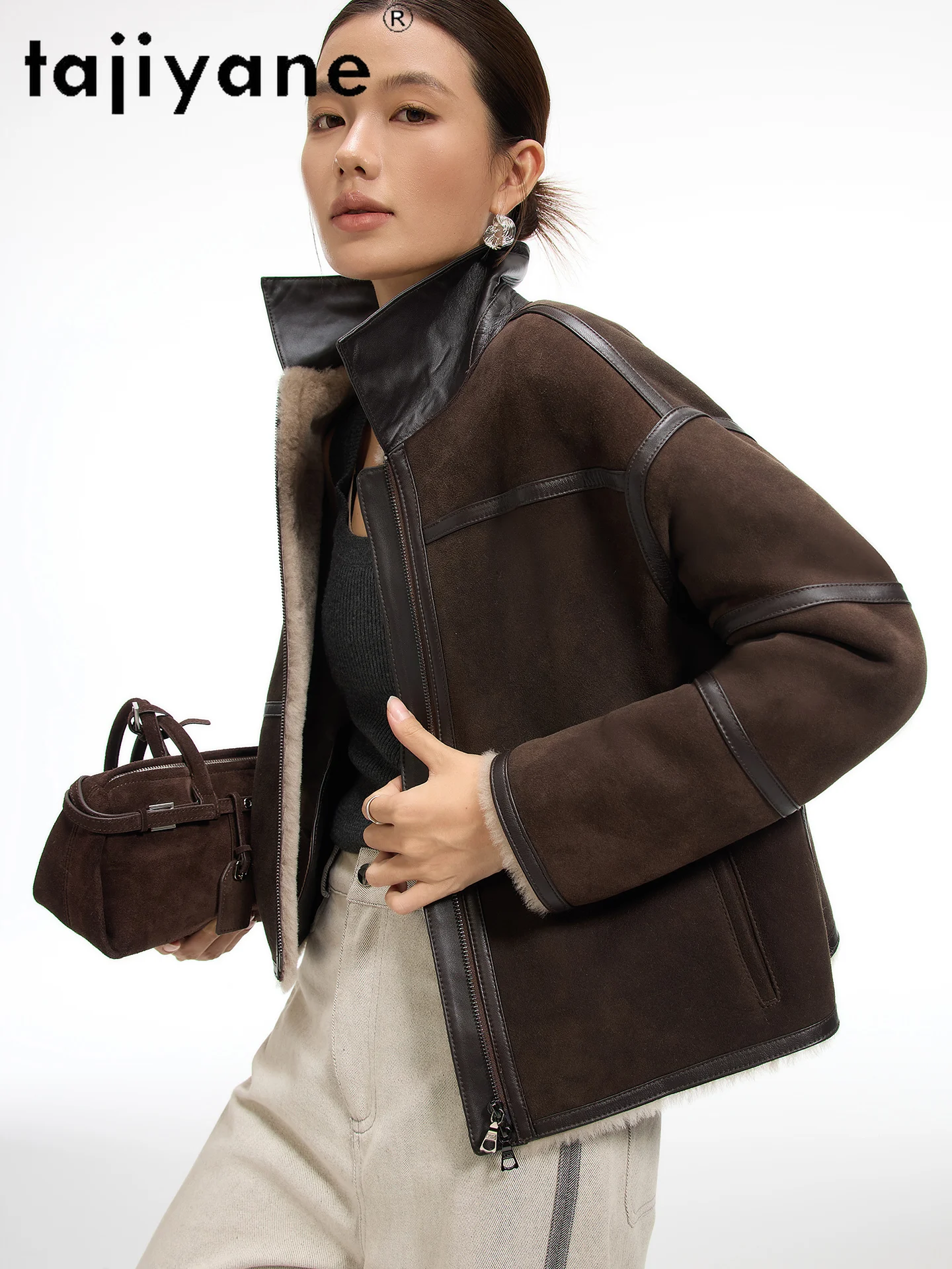 TAJIYANE صوف ميرينو الطبيعي جلد الغنم مزدوج الوجه الفراء معطف قصير امرأة أنيقة سترات من الفرو الحقيقي الشتاء ملابس حريمي 2025 schuba