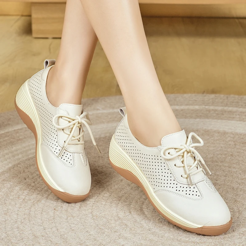 

Women's Perforated Wedge Sneakers - Lace-Up Breathable Non-Slip Casual Walking Shoes