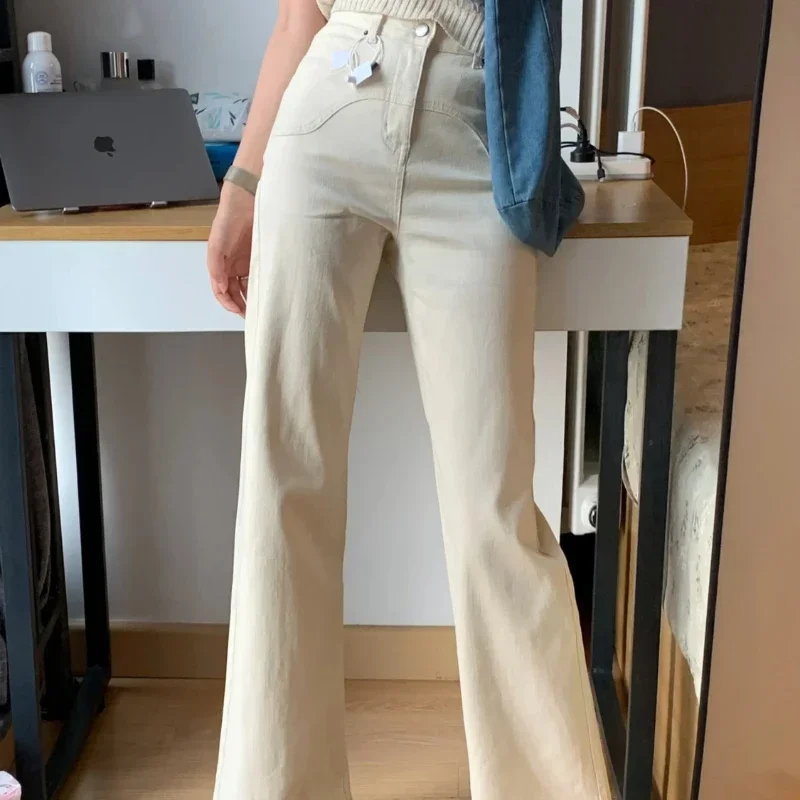 

High Waist Shot Women's Jeans Straight Leg Trousers Off White Pants for Woman with Pockets Unique New in Cowboy ZT36