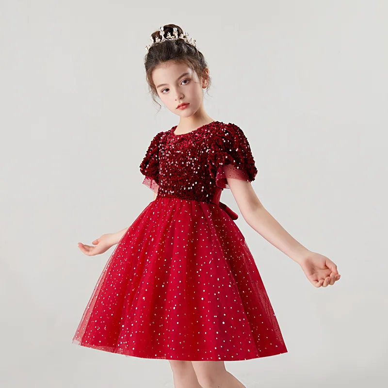 Formal Kids Sequin Dresses for Big Girls Birthday Party Summer Dress Luxury 2022 Elegant Evening Gown Green Red Frock Weddings