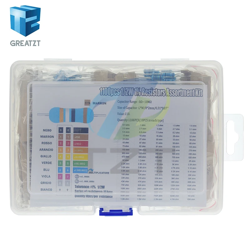 

1100pcs 1/2W Metal Film Resistor Kit 1% 0.1 ohm - 2.2M 110 ValuesX10pcs 0.5W Resistance Set Assortment Pack