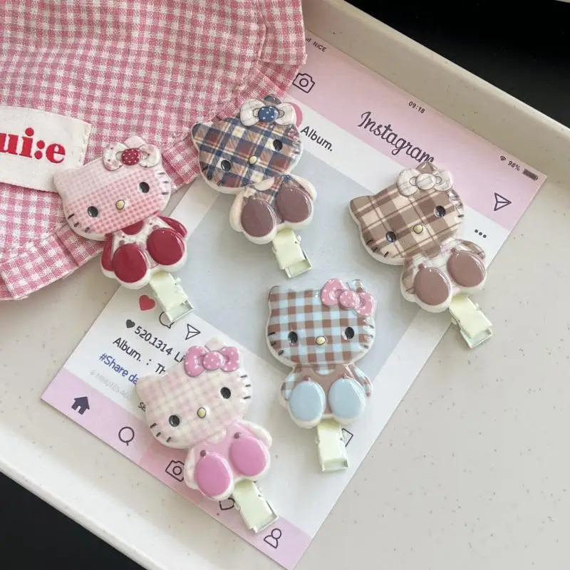 5Pcs New Japan Plaid Sanrio Hair Clip No Trace Kawaii Hellokitty Kid Girl Heart Side Bangs Clip Cartoon Versatile Hair Accessory