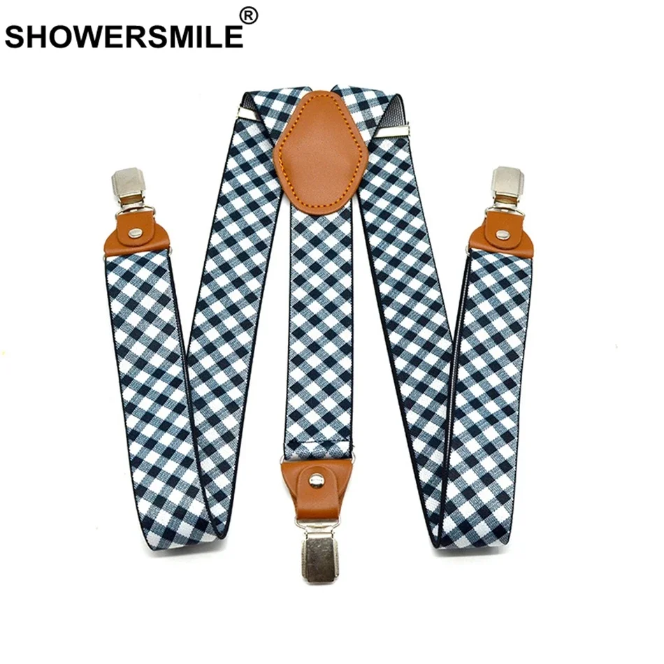 

SHOWERSMILE White Black Plaid Mens Suspenders Checkered Wedding Formal Braces Elastic Suspender Straps Trouser Belt 3.5*120cm