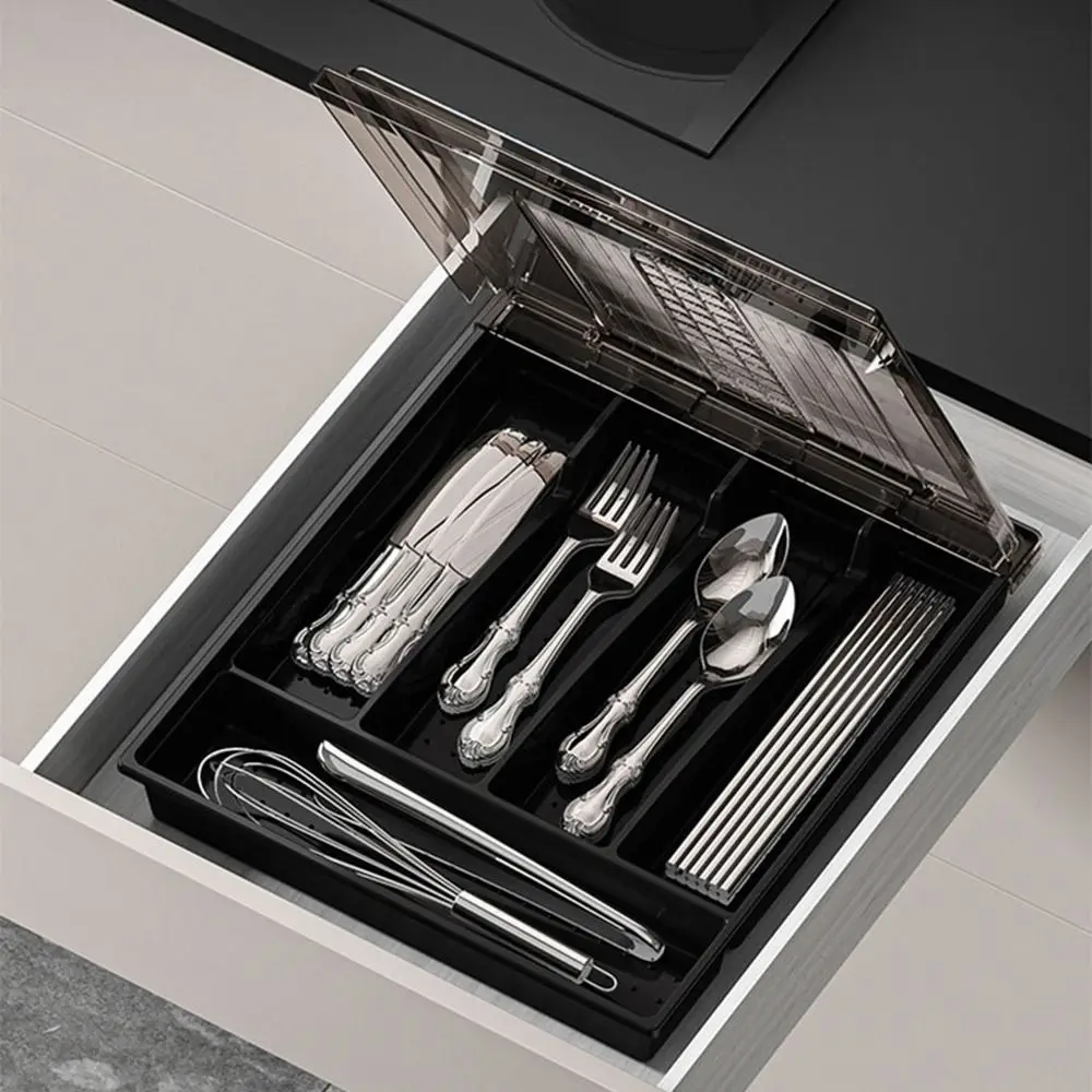 Plastic 5 Compartments Flatware Organizer Large Capacity Transparent Lid Silverware Drawer Organizer Dustproof